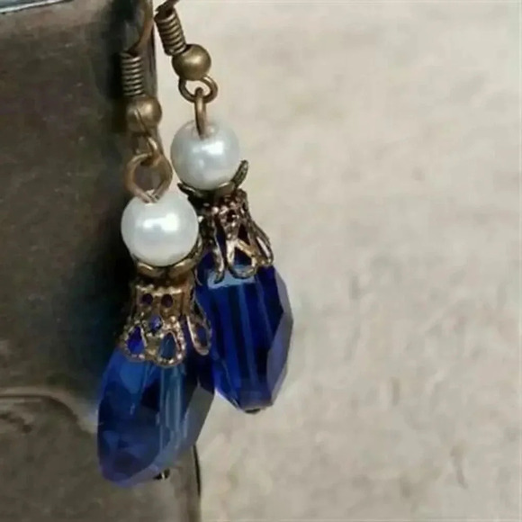 Handmade Steampunk Blue Faceted Glass Teardrop Antiqued Brass Dangle Earrings - Picture 1 of 6